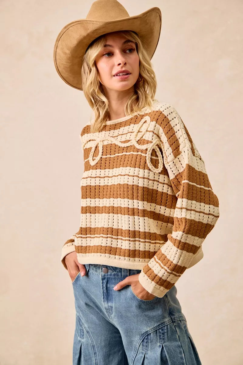 Striped Open Knit Sweater Top with Front Braided Detail BiBi