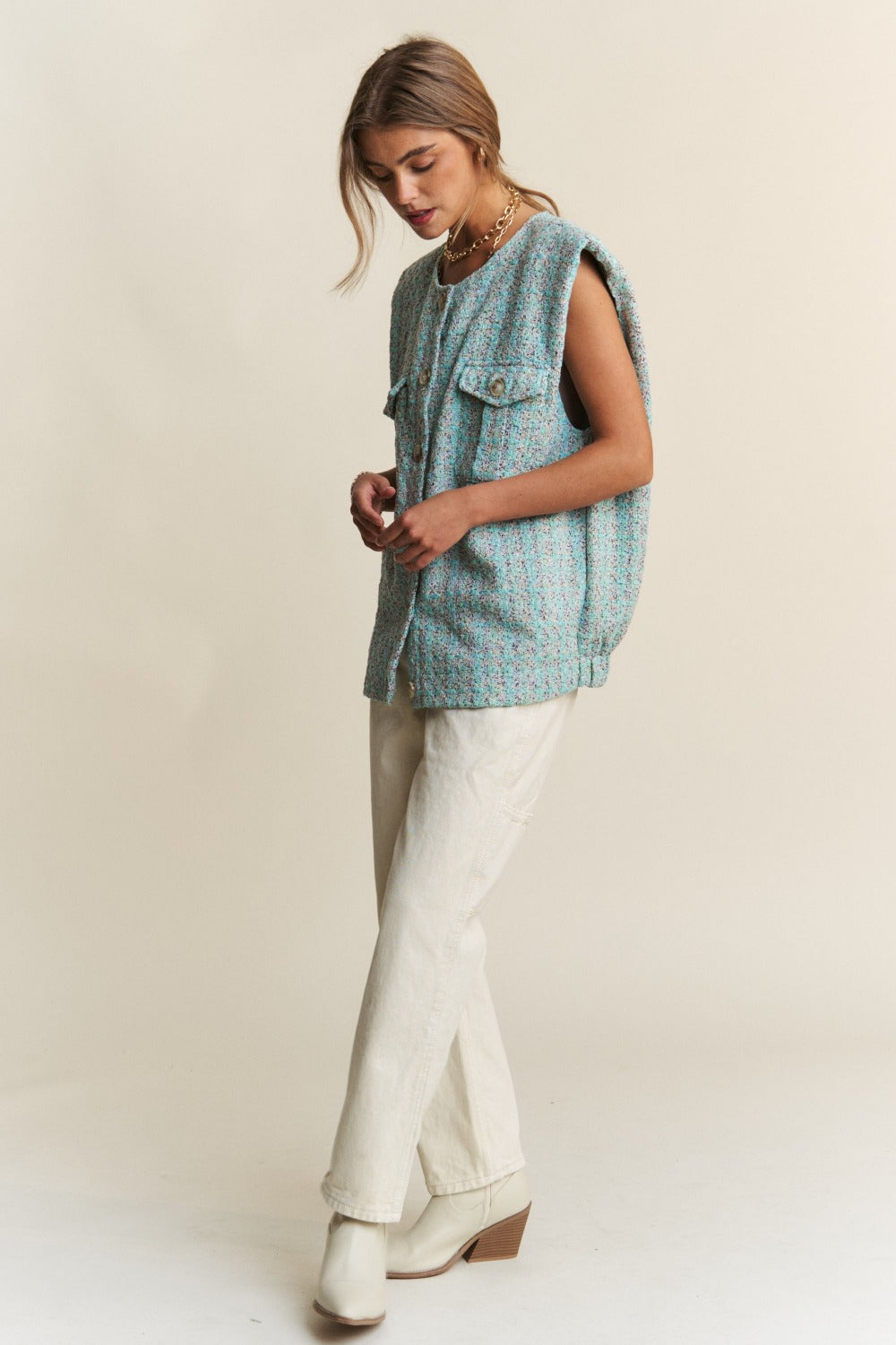 Frayed Tweed Padded Shoulder Vest J.NNA   