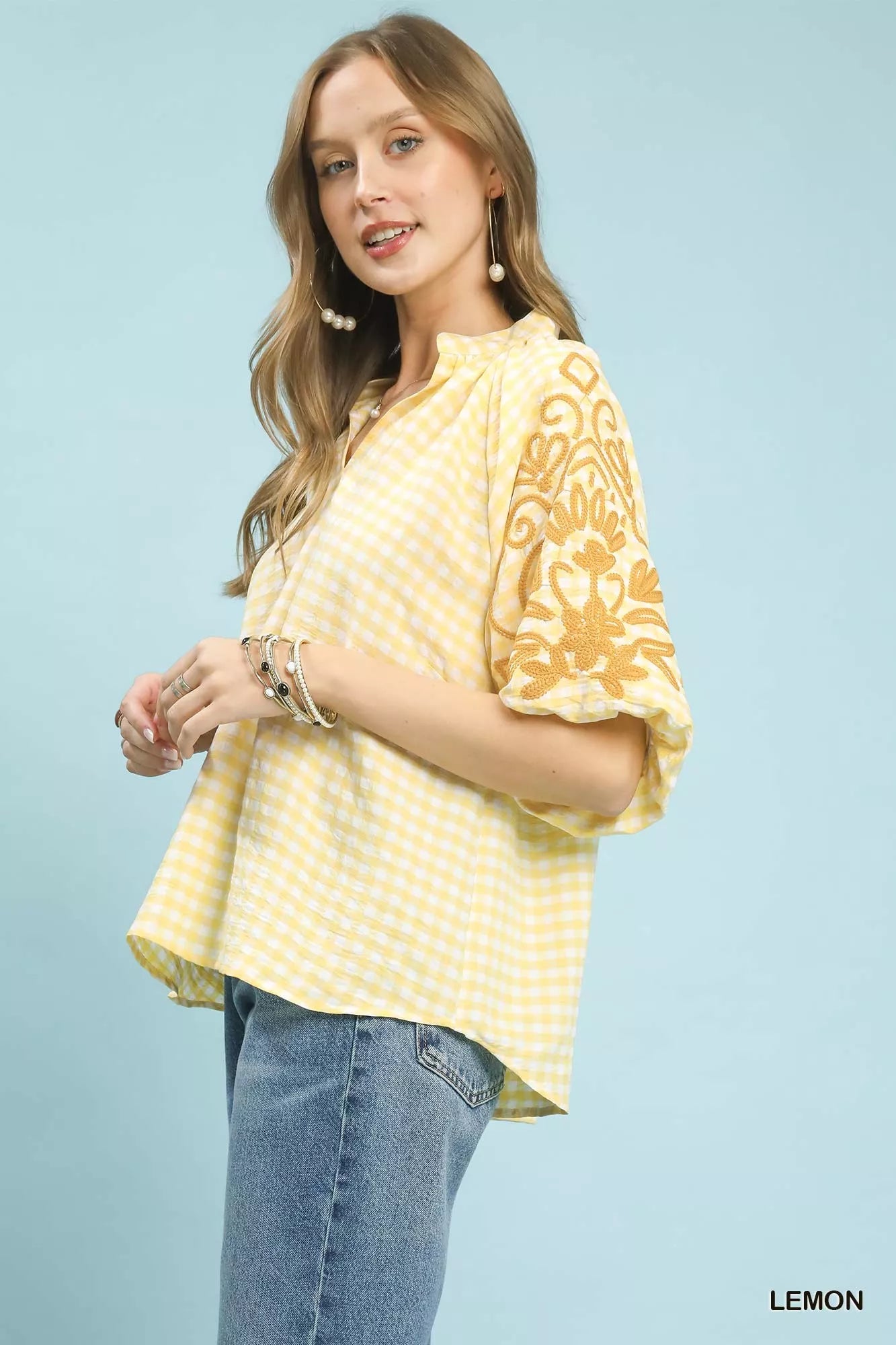 Umgee Gingham Embroidered Balloon Sleeve Top Trendsi