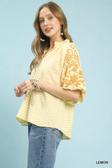 Umgee Gingham Embroidered Balloon Sleeve Top Trendsi