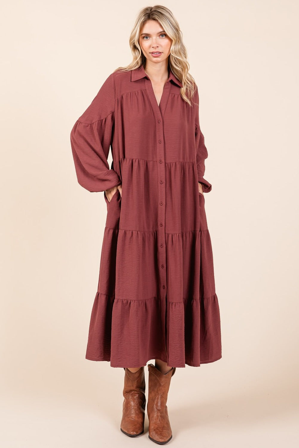 Tiered Button Down Long Sleeve Midi Dress Mittoshop   