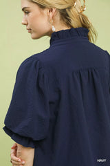 Textured Smocked Yoke Split-Neck Top Umgee