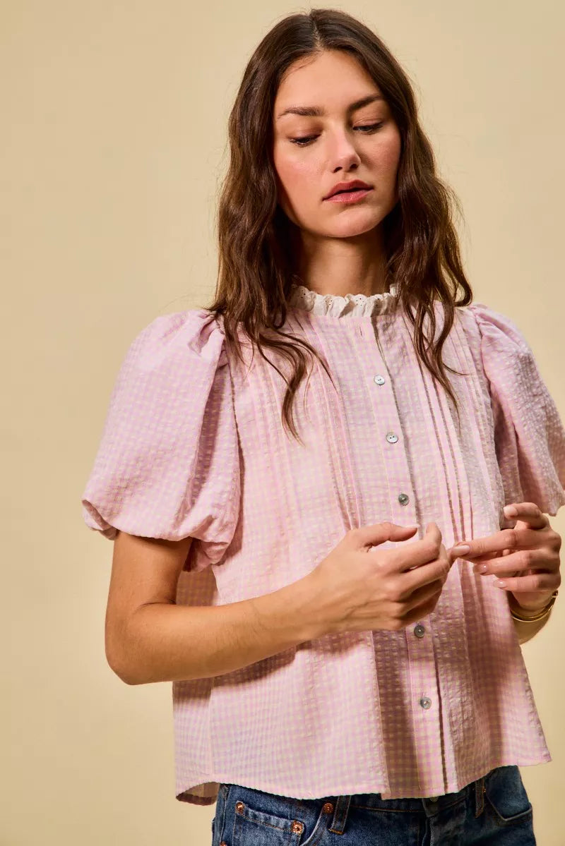 Gingham Lace Trim Button Bubble Sleeves Blouse So Me