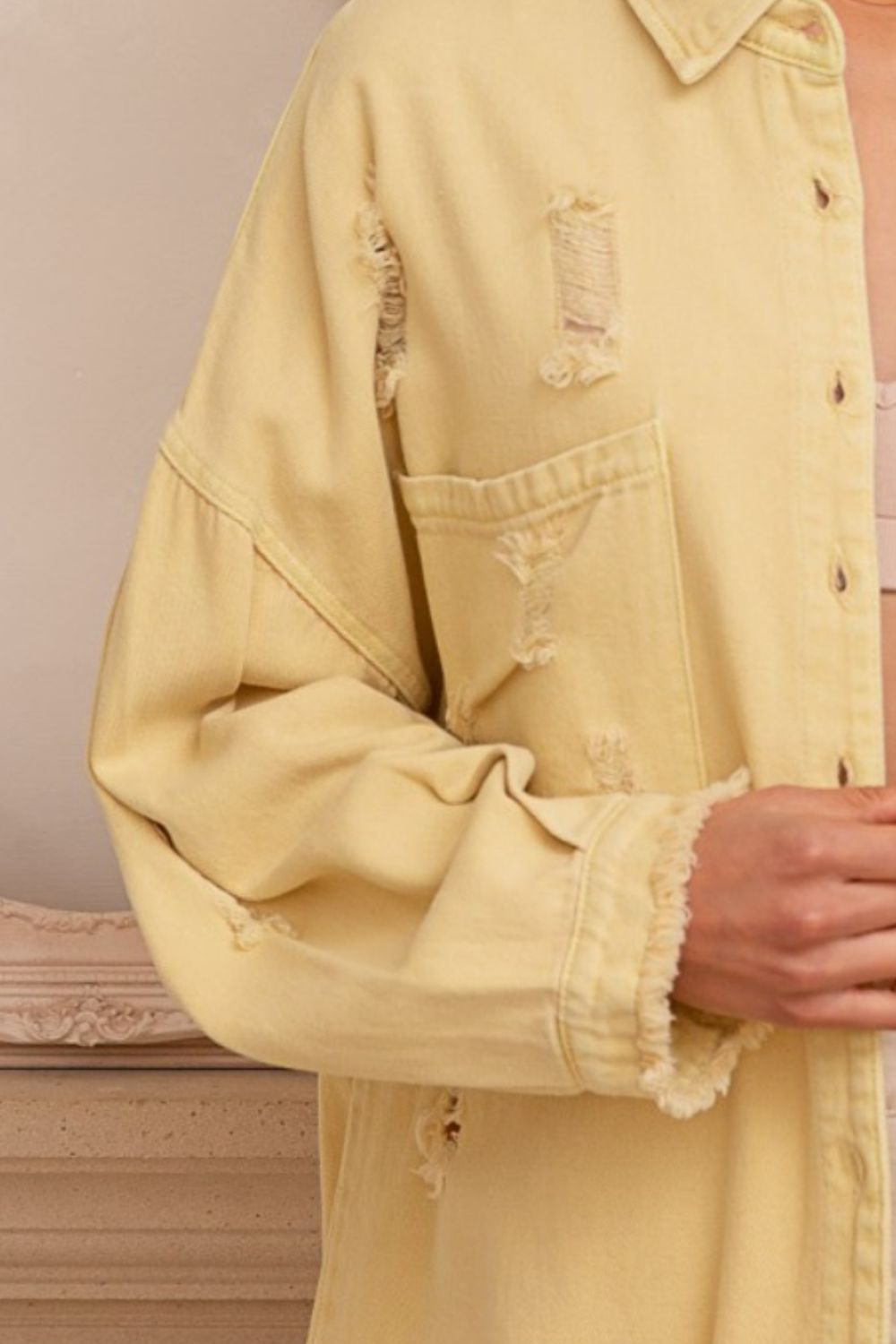 Distressed Button Down Raw Hem Yellow Shacket POL   