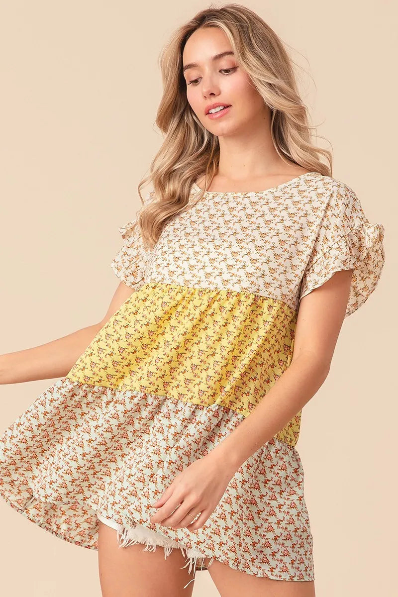 Floral Printed Woven Color Block and Tiered Top BiBi