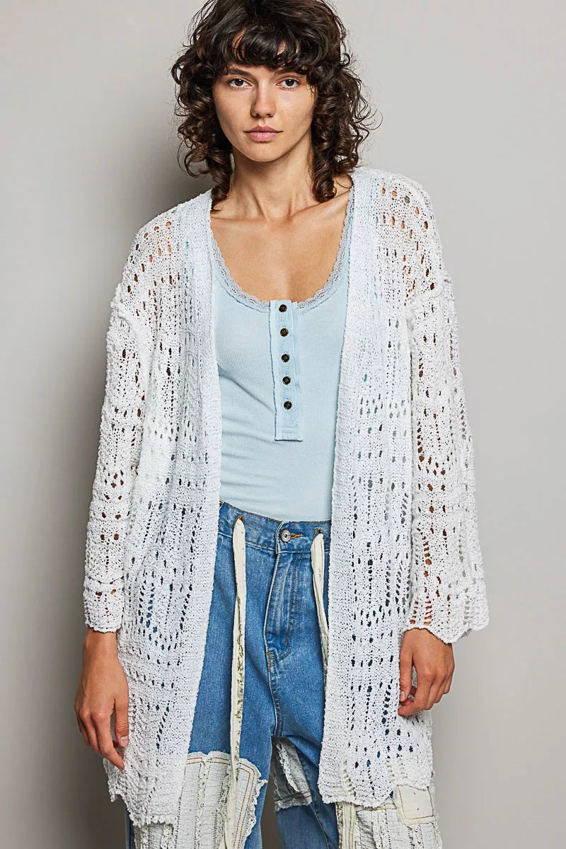 Openwork Lightweight Open Front Cardigan with Scalloped Edge POL OFF WHITE S