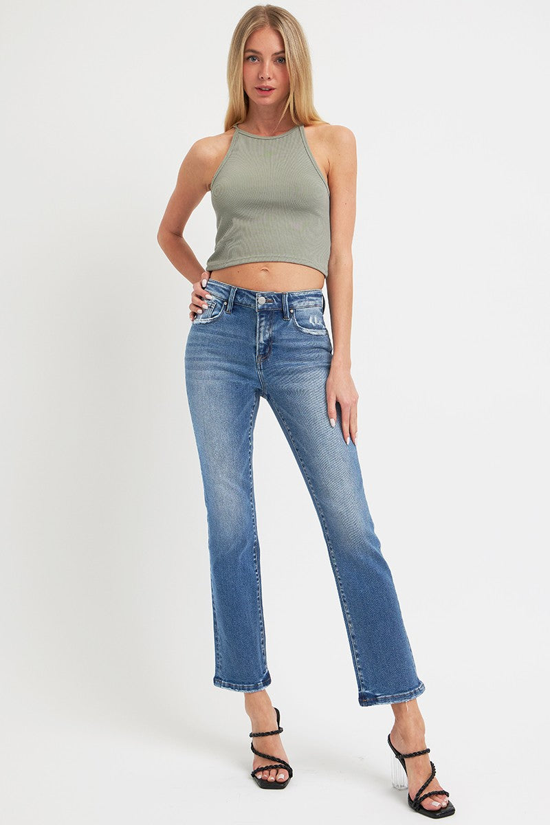 Mid Rise Ankle Straight Jeans with Pockets Risen   