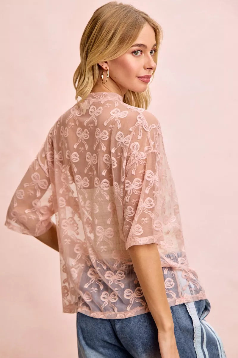 Bow Pattern Short Sleeves Boxy Mesh Top BiBi