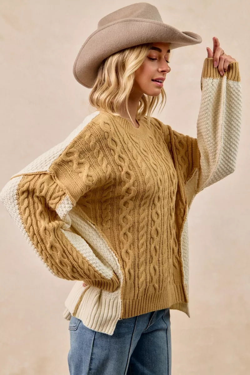 Cable Knit With Hacci Combo Sweater With Uneven Hem Detail BiBi