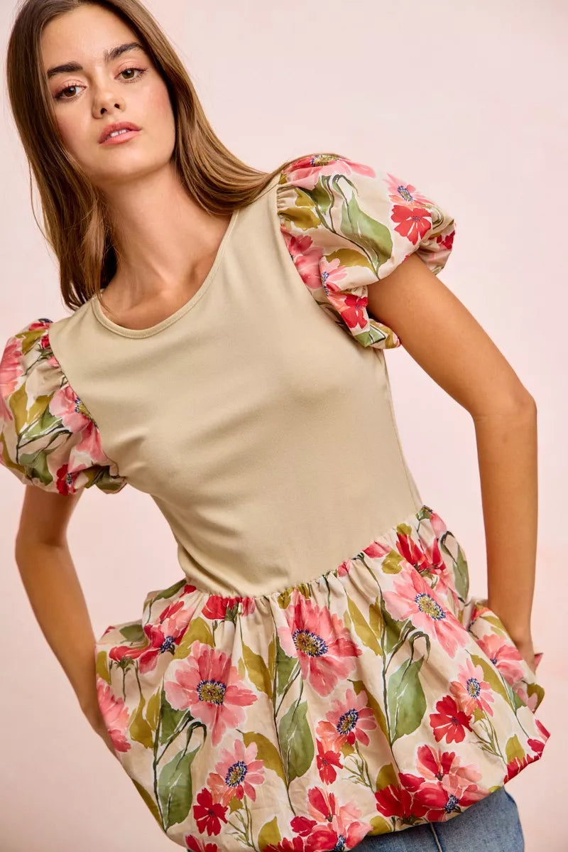Floral Printed Bubble Sleeves and Hem Peplum Top BiBi