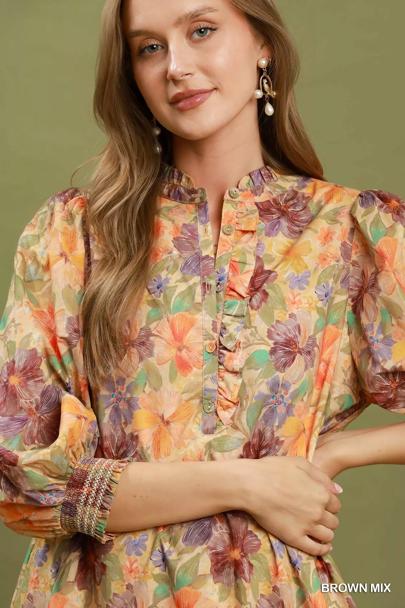 Mix Floral Print Smocked Cuff Mini Dress Umgee