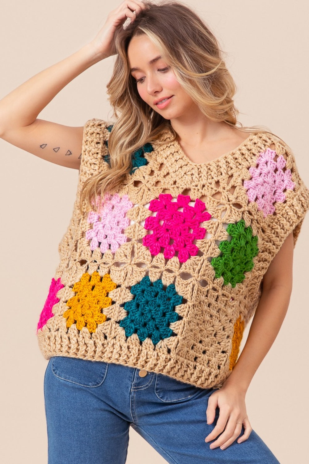 Granny Square Openwork Sweater Vest BiBi   