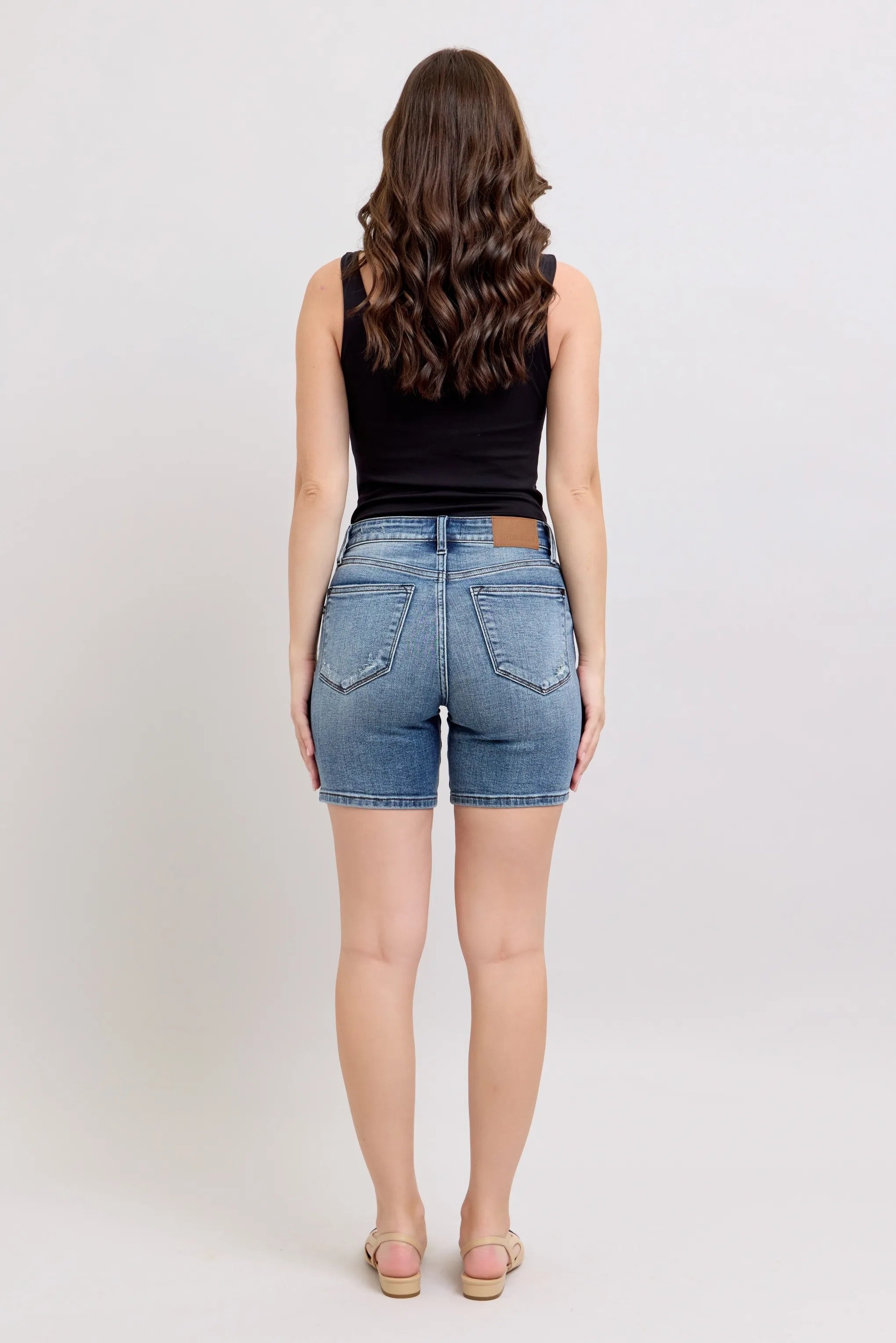 Button Fly Mid Length Denim Distressed Shorts Judy Blue