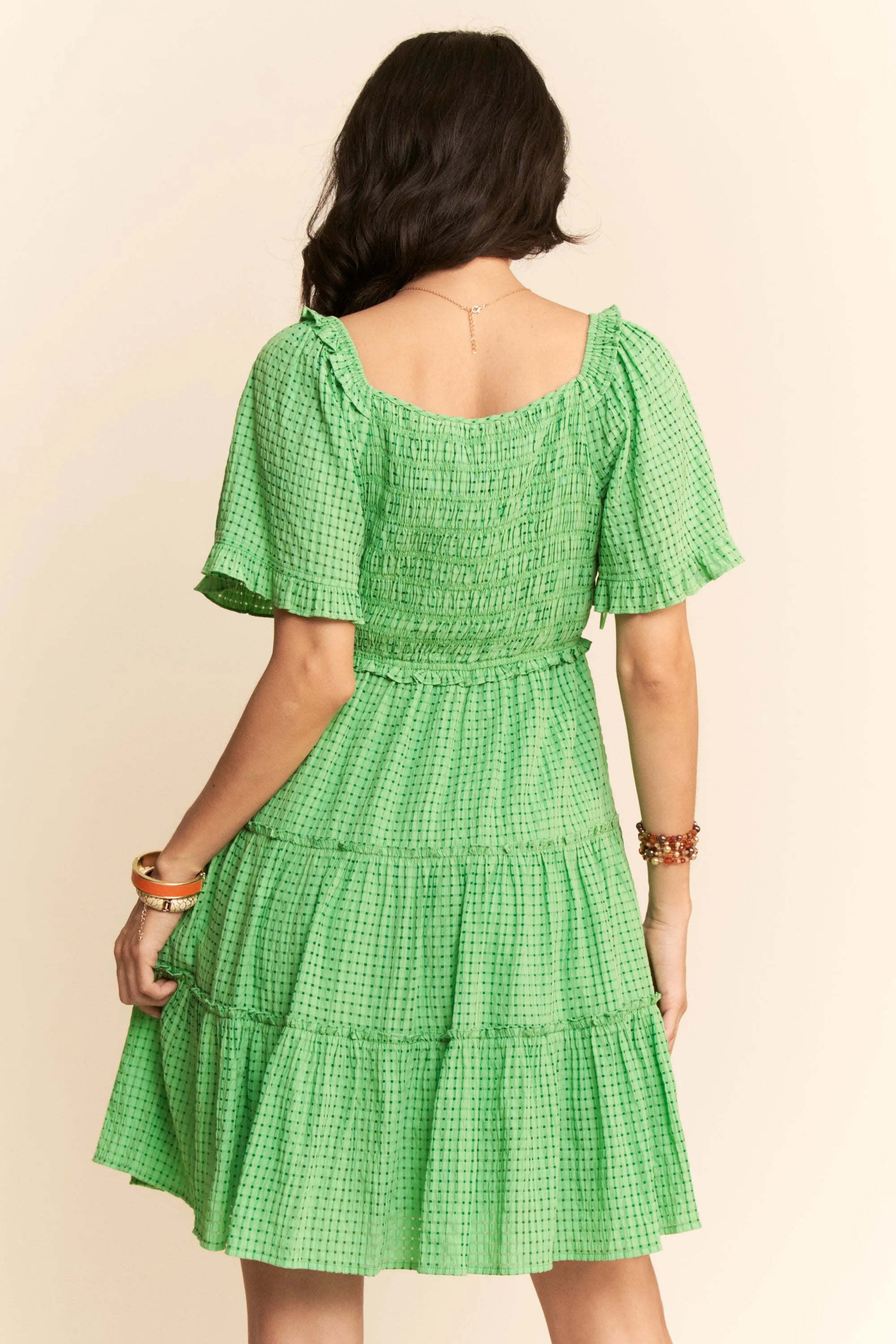 Jacquard Checker Smocking Tiered Dress Davi & Dani
