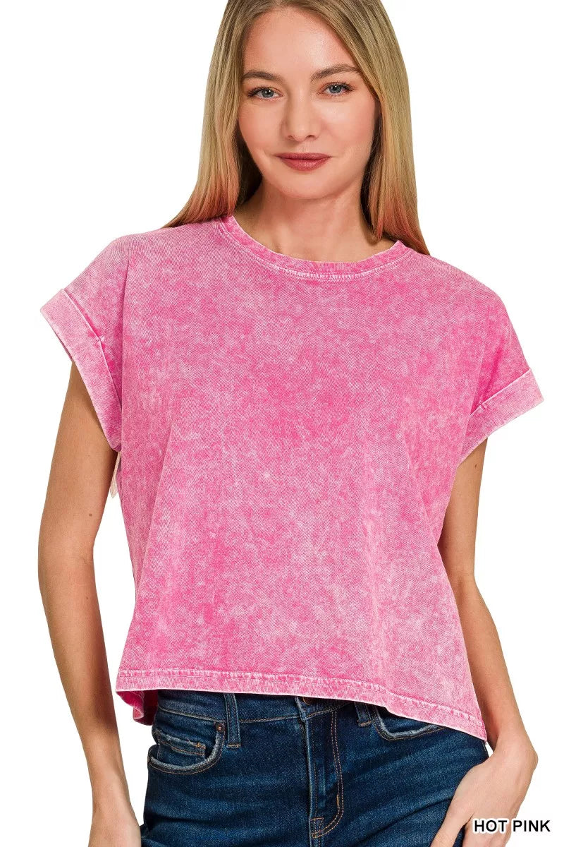 Halo Washed Cotton Cuffed Short Sleeve Top ZENANA HOT PINK S