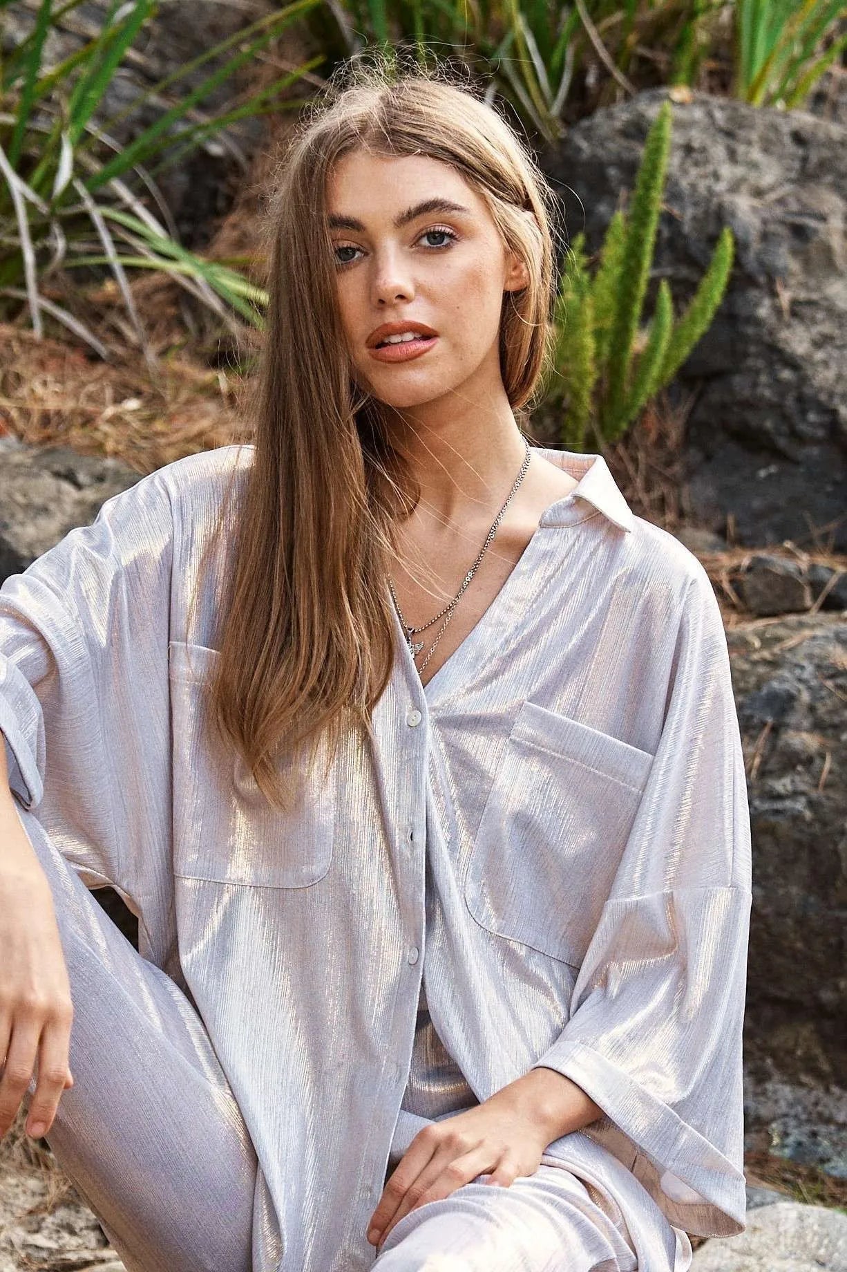 Solid Sparkling Shimmer Pocket Button Front Shirt Davi & Dani