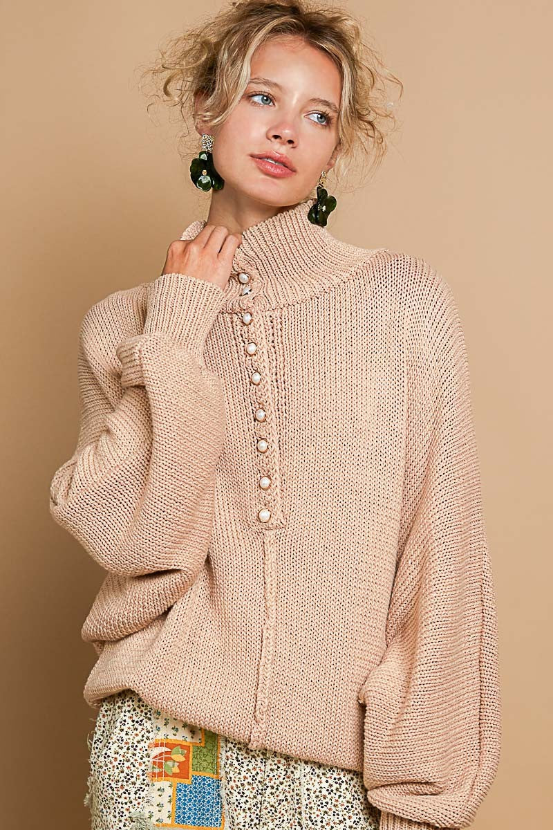 Pearl Detail Turtleneck Long Sleeve Sweater POL   