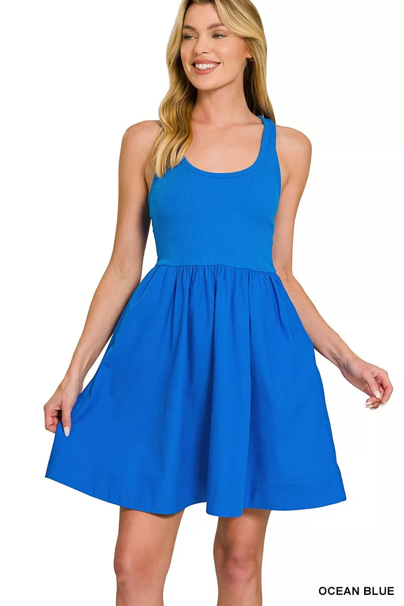 Combined Knit & Woven Midi Dress ZENANA OCEAN BLUE S