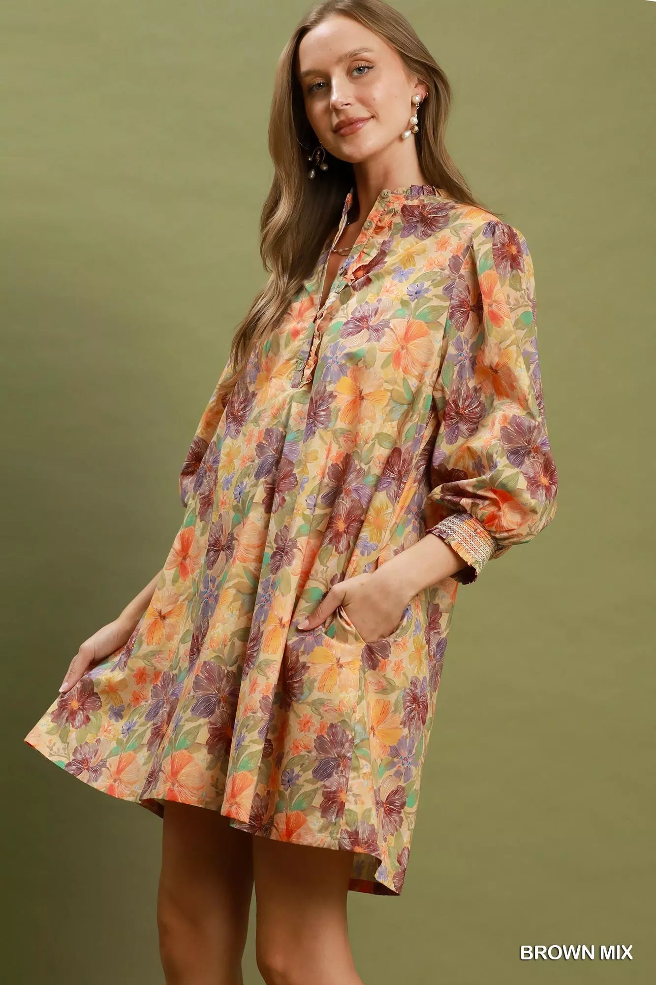 Mix Floral Print Smocked Cuff Mini Dress Umgee
