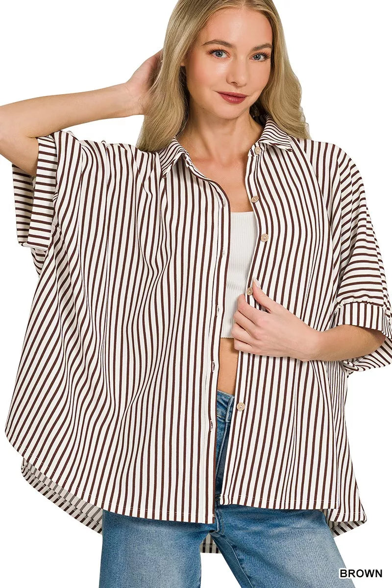 Oversized Stripe Button Down Shirt ZENANA BROWN S/M