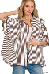 Oversized Stripe Button Down Shirt ZENANA BROWN S/M
