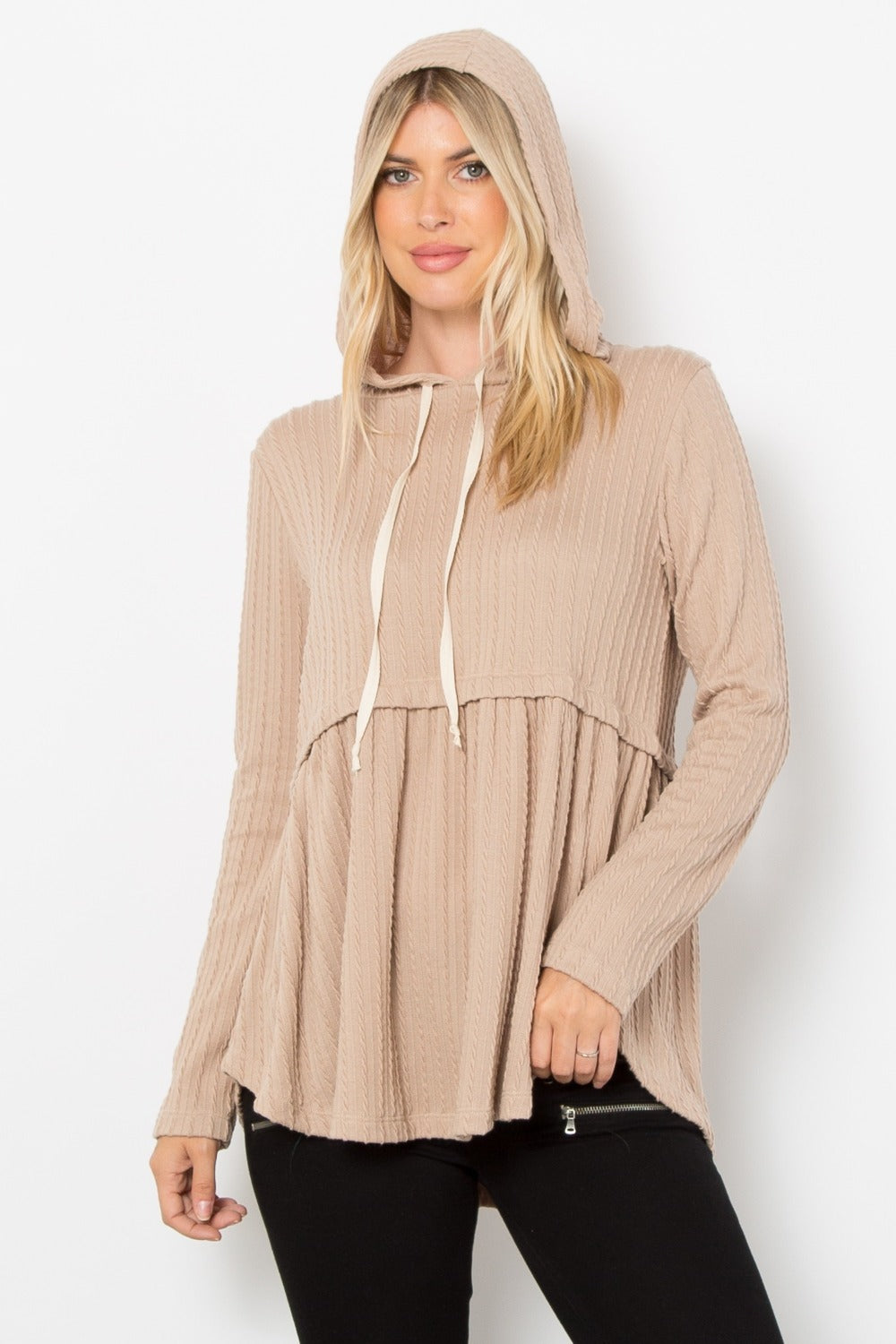 Long Sleeve Peplum Cable Knit Hoodie Be Stage Taupe S 