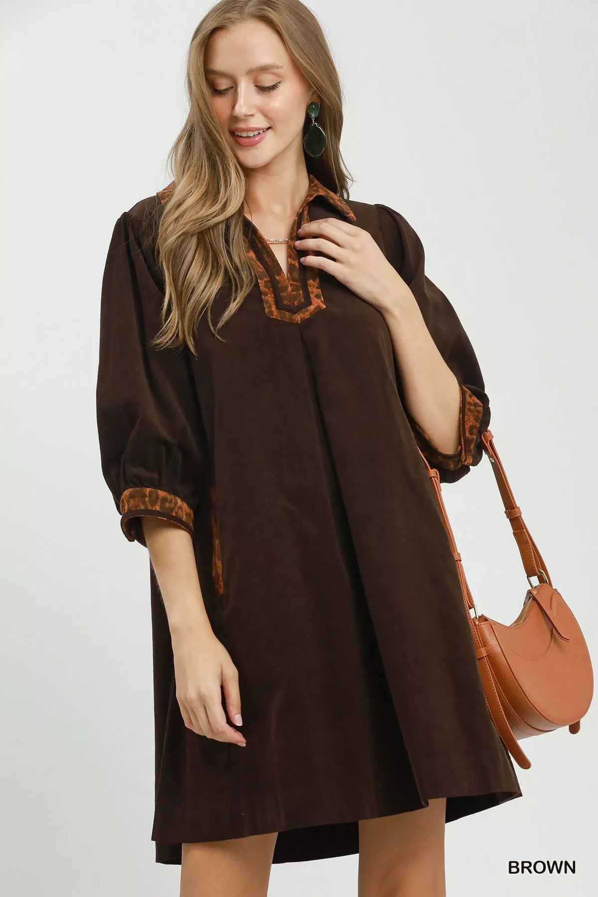 V-Neck Shift Dress with Contrast Trim + Pockets Umgee BROWN S