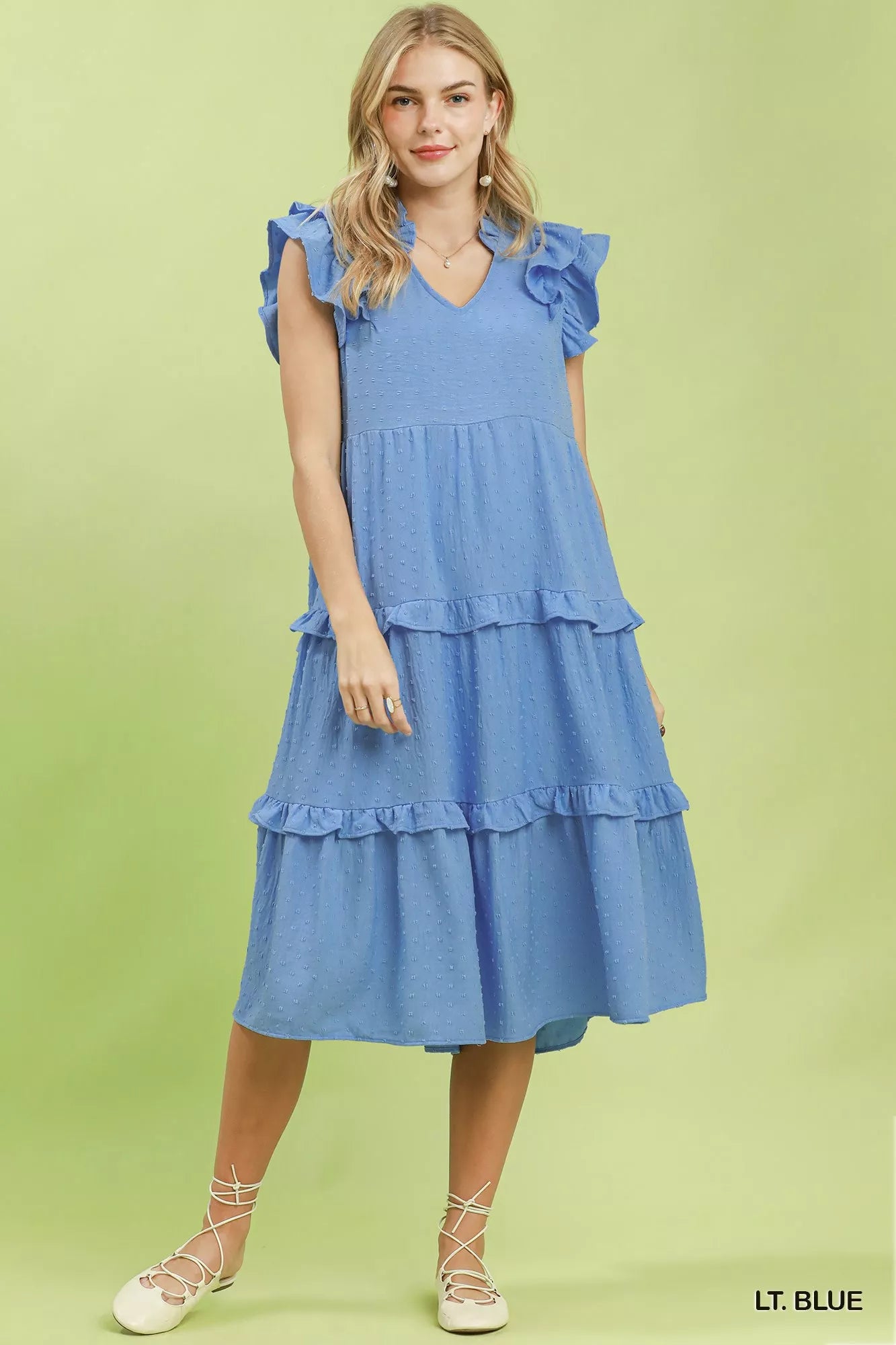Textured Ruffle Sleeve Tiered Midi Dress Umgee