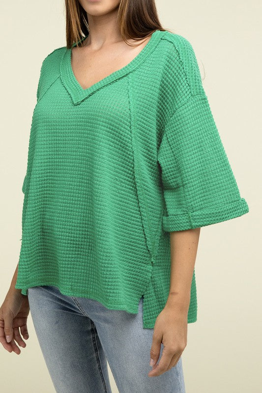 Brushed Waffle Relaxed 3/4 Sleeve Top ZENANA K GREEN S/M 