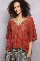 V-Neck Crochet Top with Scalloped Hem POL