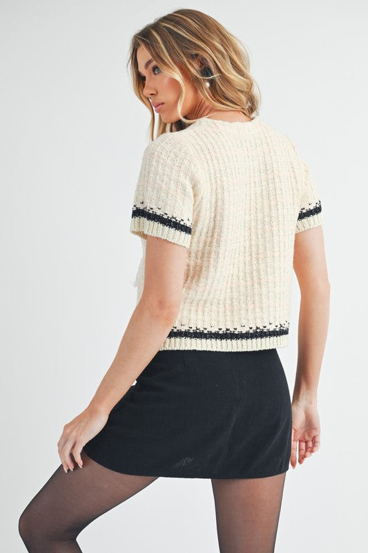 Round Neck Short Sleeve Tweed Sweater Aemi + Co