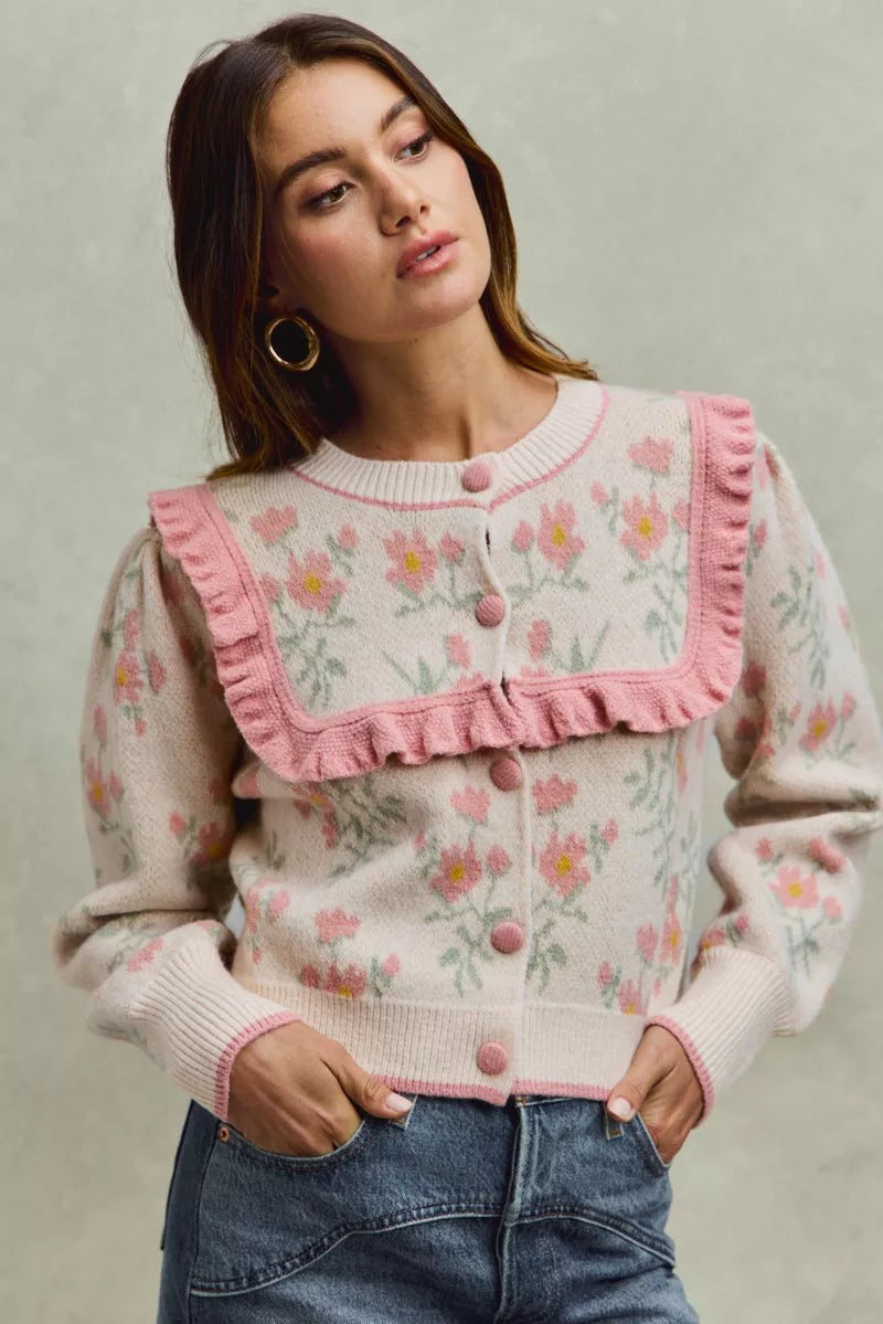 Flower With Ruffle Detailing Sweater Cardigan So Me