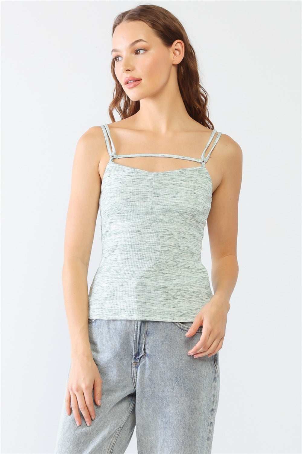 Heathered Ribbed Adjustable Strap Cami LE LIS Cream Green S 