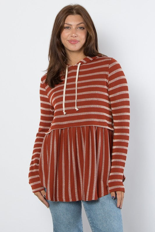 Drawstring Striped Babydoll Hoodie Be Stage Rust S