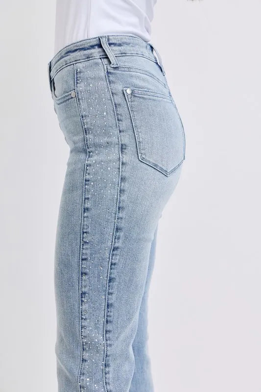 Mid Rise Rhinestone Side Panel Detail Flare Jeans Judy Blue
