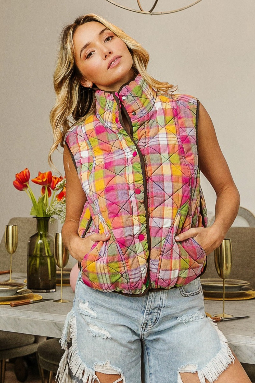 Quilted Washed Plaid Snap Down Vest BiBi   