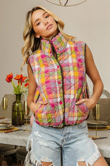 Quilted Washed Plaid Snap Down Vest BiBi   