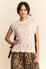 Ribbon Bow Ties Scalloped Trim Knit Semi Crop Top Davi & Dani CREAM S
