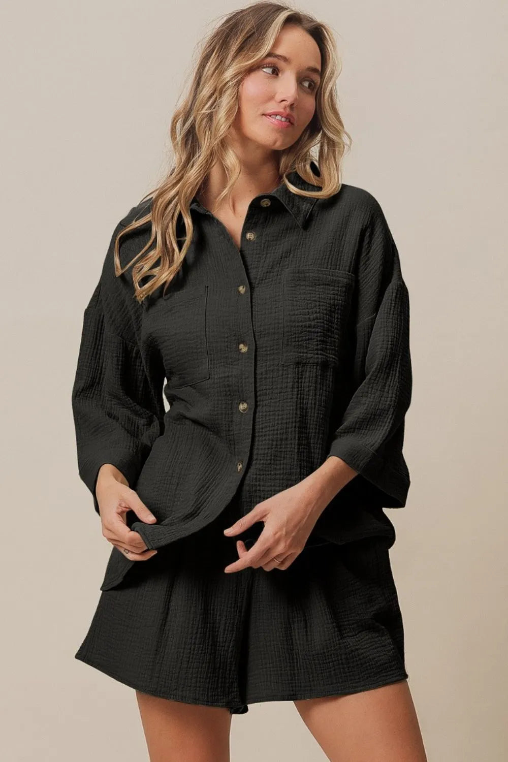 Crinkle Gauze Shirt and Short Set BiBi BLACK S