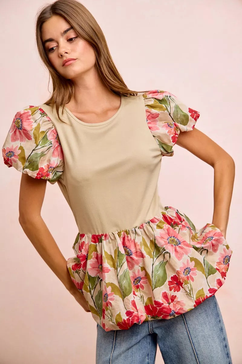 Floral Printed Bubble Sleeves and Hem Peplum Top BiBi