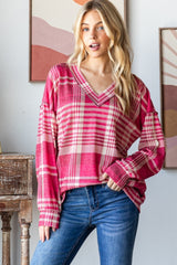 Plaid Drop Shoulder V-Neck T-Shirt Heimish   