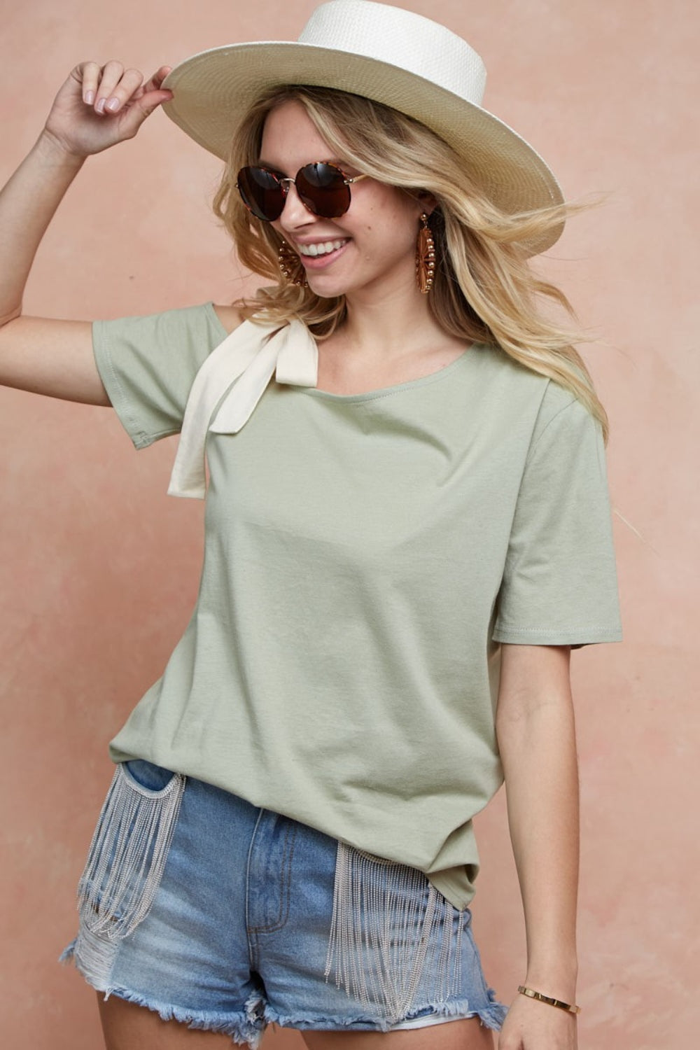 Tied Ribbon One Shoulder Short Sleeve T-Shirt BiBi   