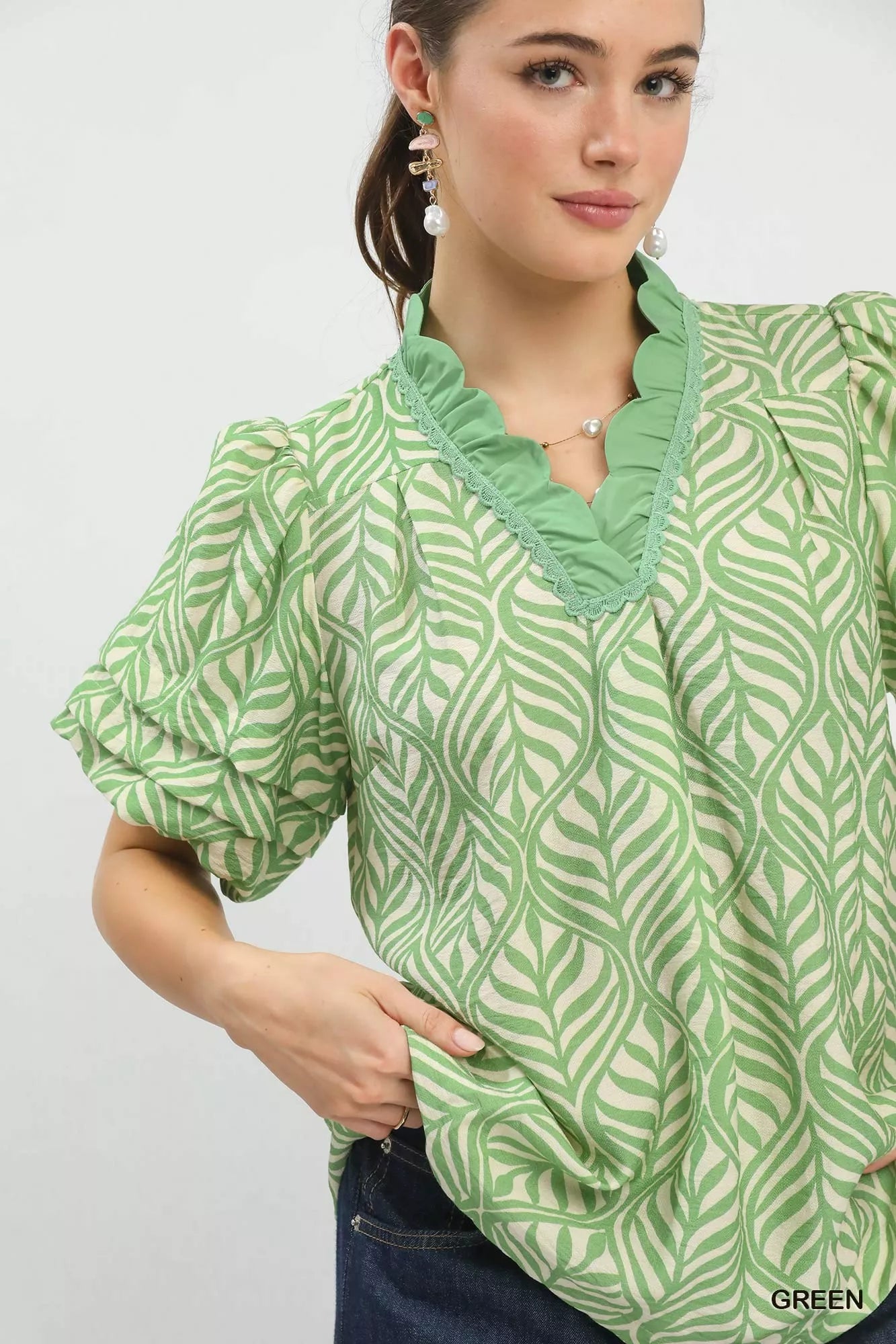 Printed Puff Sleeve Ruffle Neck Top Umgee