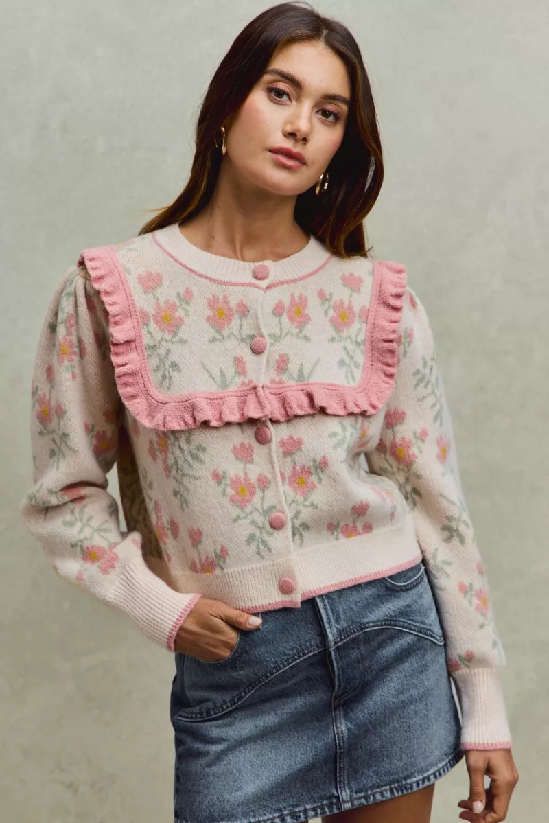 Flower With Ruffle Detailing Sweater Cardigan So Me