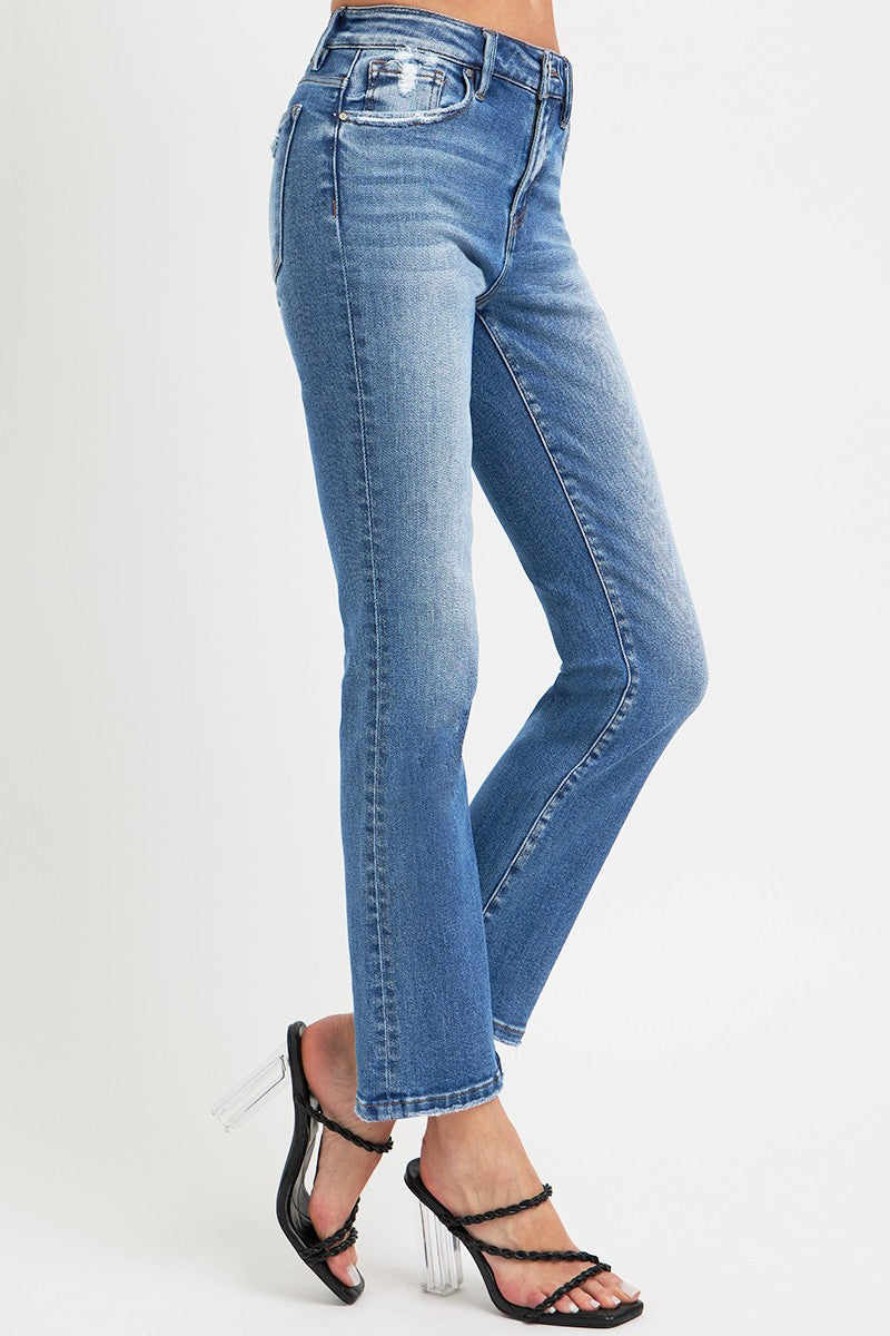 Mid Rise Ankle Straight Jeans with Pockets Risen   