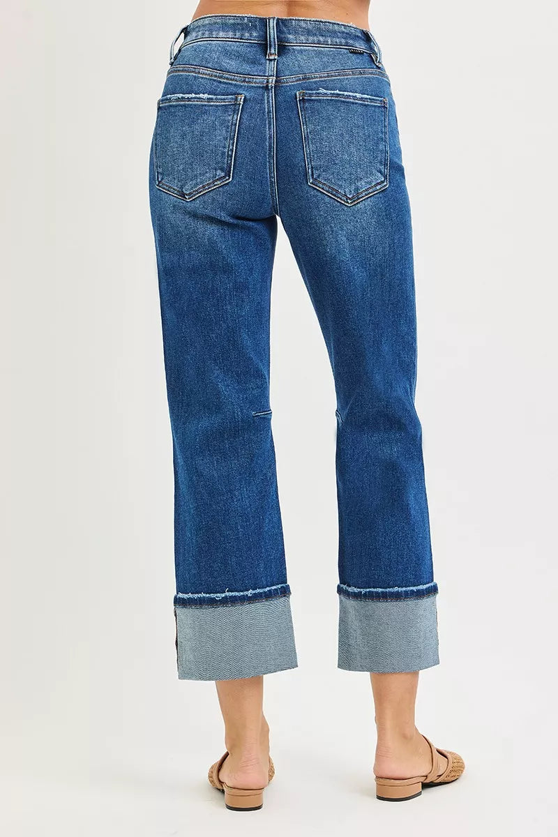 High Rise Straight Jeans with Distressed Hem Risen