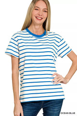 Striped Round Neck Short Sleeve T-Shirt ZENANA