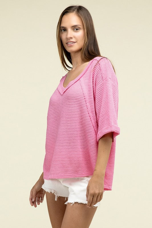 Brushed Waffle Relaxed 3/4 Sleeve Top ZENANA   