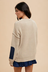 Contrast Round Neck Drop Shoulder Sweater with Patch Pocket Annie Wear