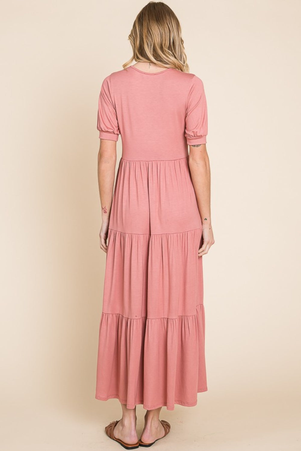 Ruched Short Sleeve Tiered Maxi Dress BomBom   